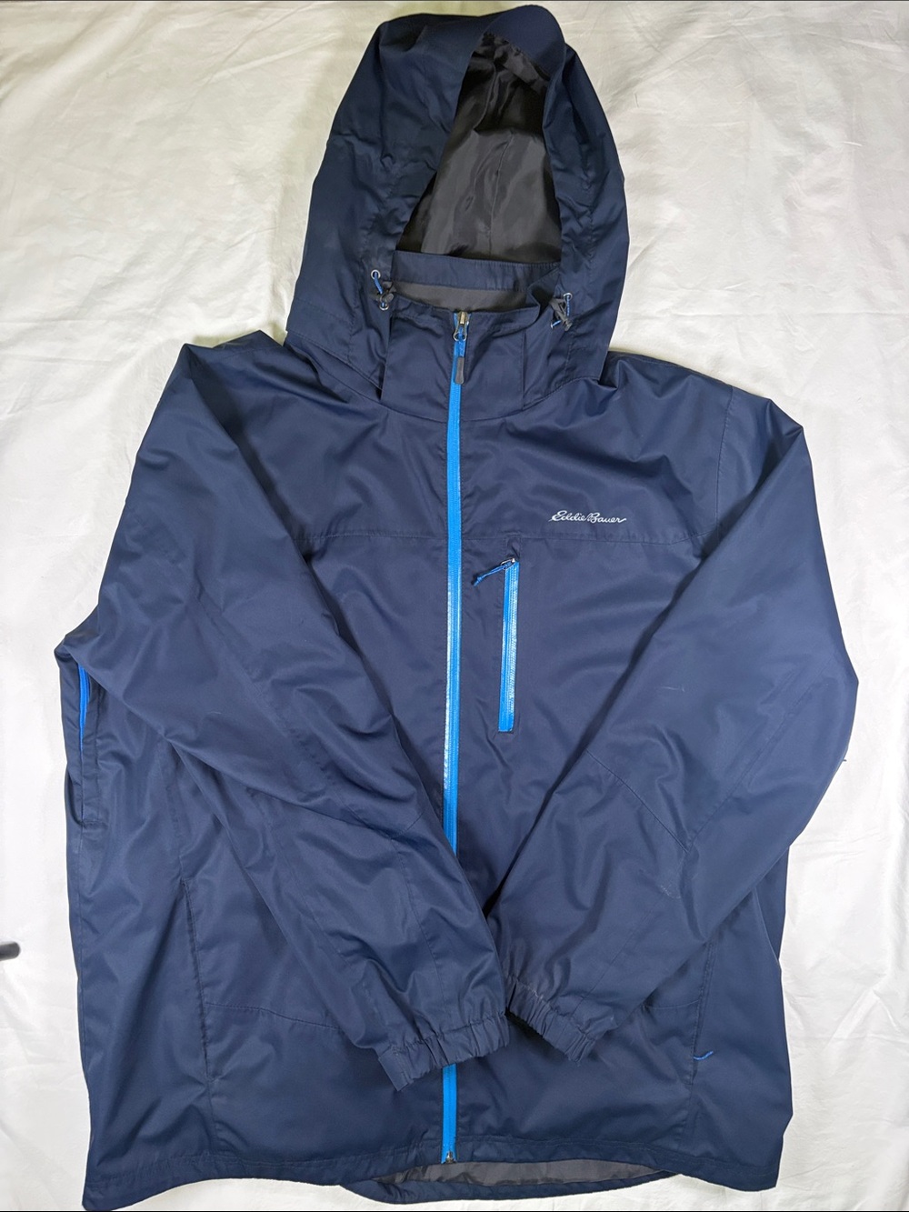 Eddie Bauer Navy Hooded Raincoat with Bright Blue Zippers
